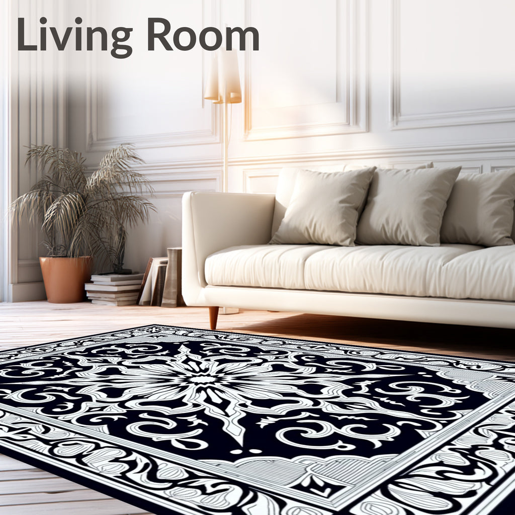 Intricate Black White Floral Medallion Rug