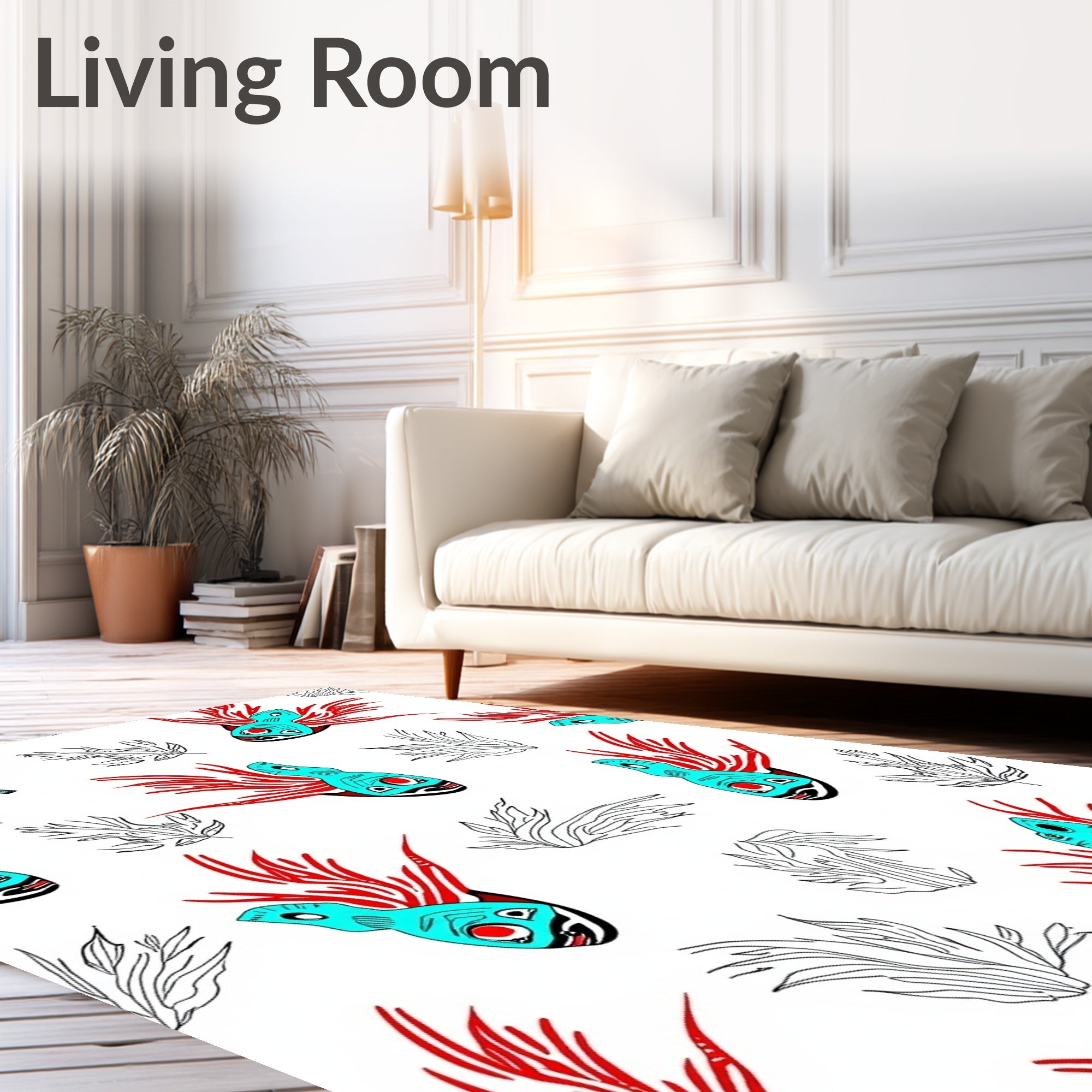 Turquoise Red Tribal Fish Collage Rug