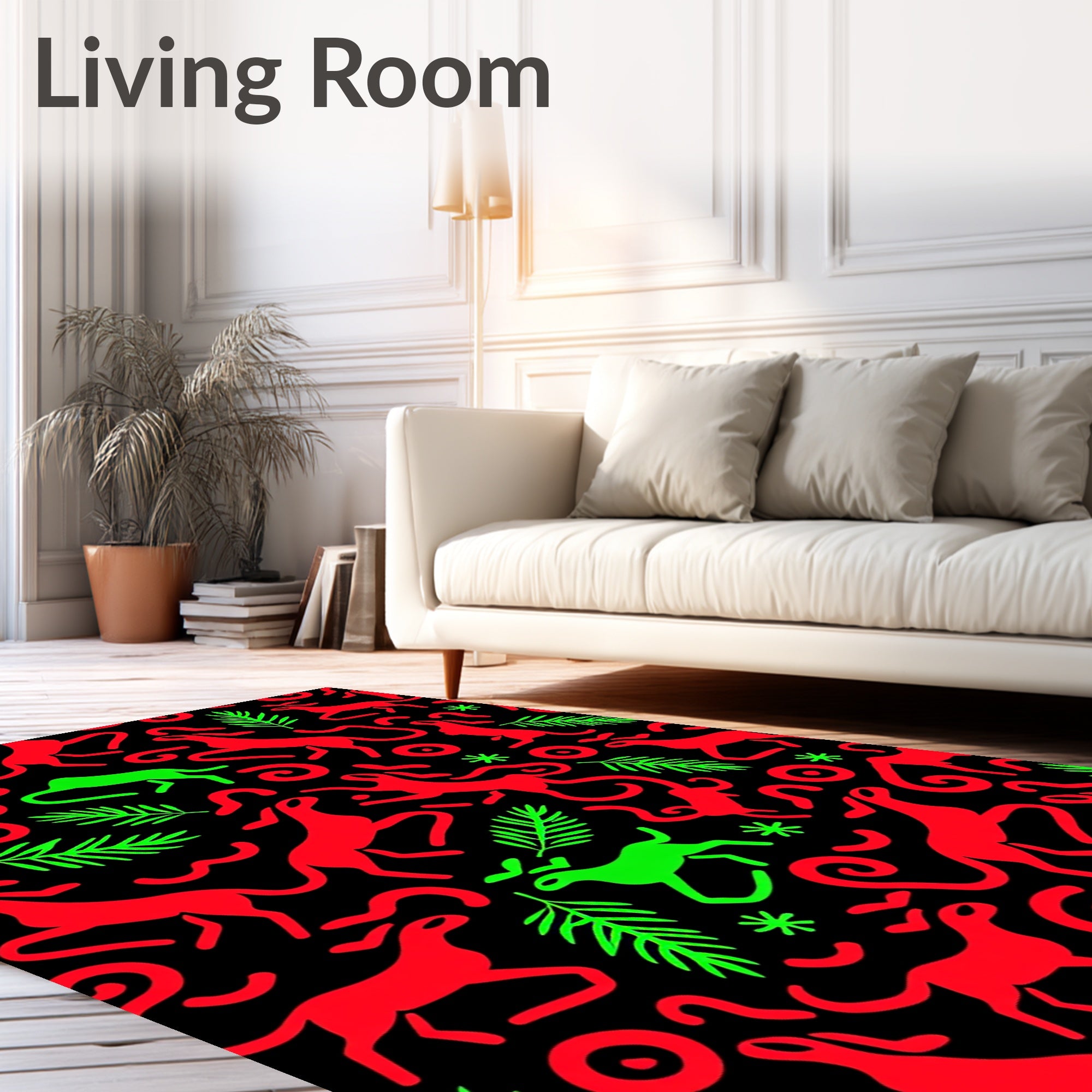Vibrant Red Green Animal Swirls Rug