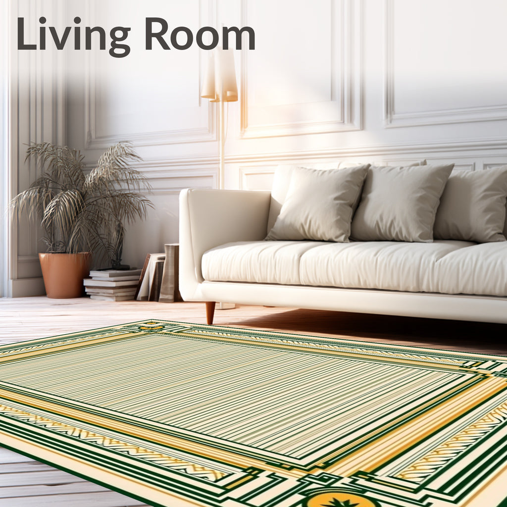 Vintage Cream Green Yellow Geometric Border Rug