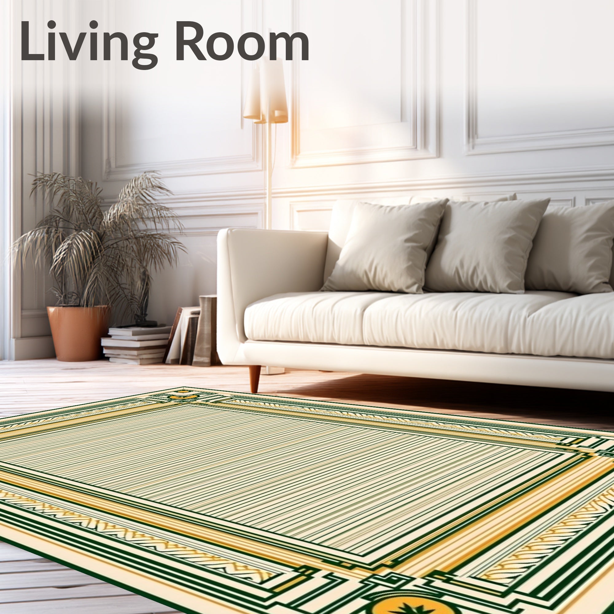 Vintage Cream Green Yellow Geometric Border Rug