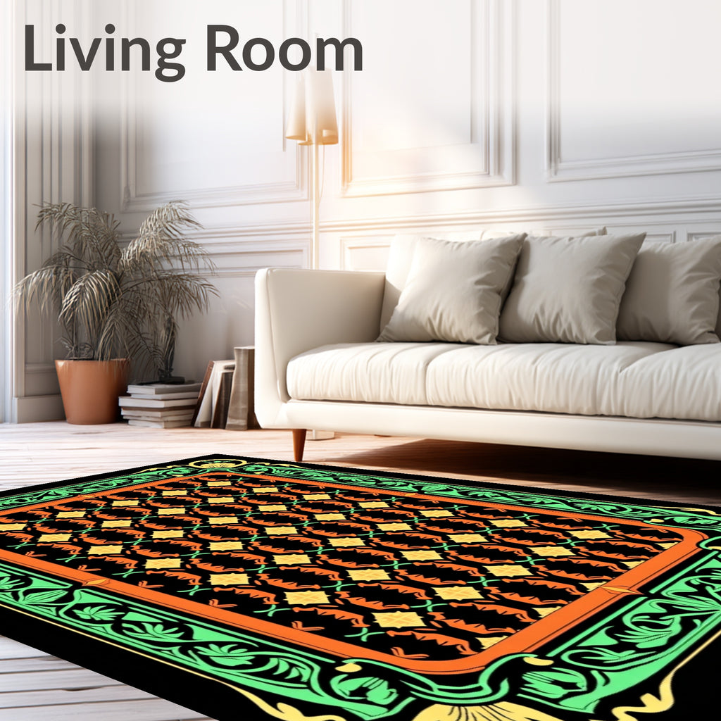 Vibrant Green Orange Floral Lattice Rug