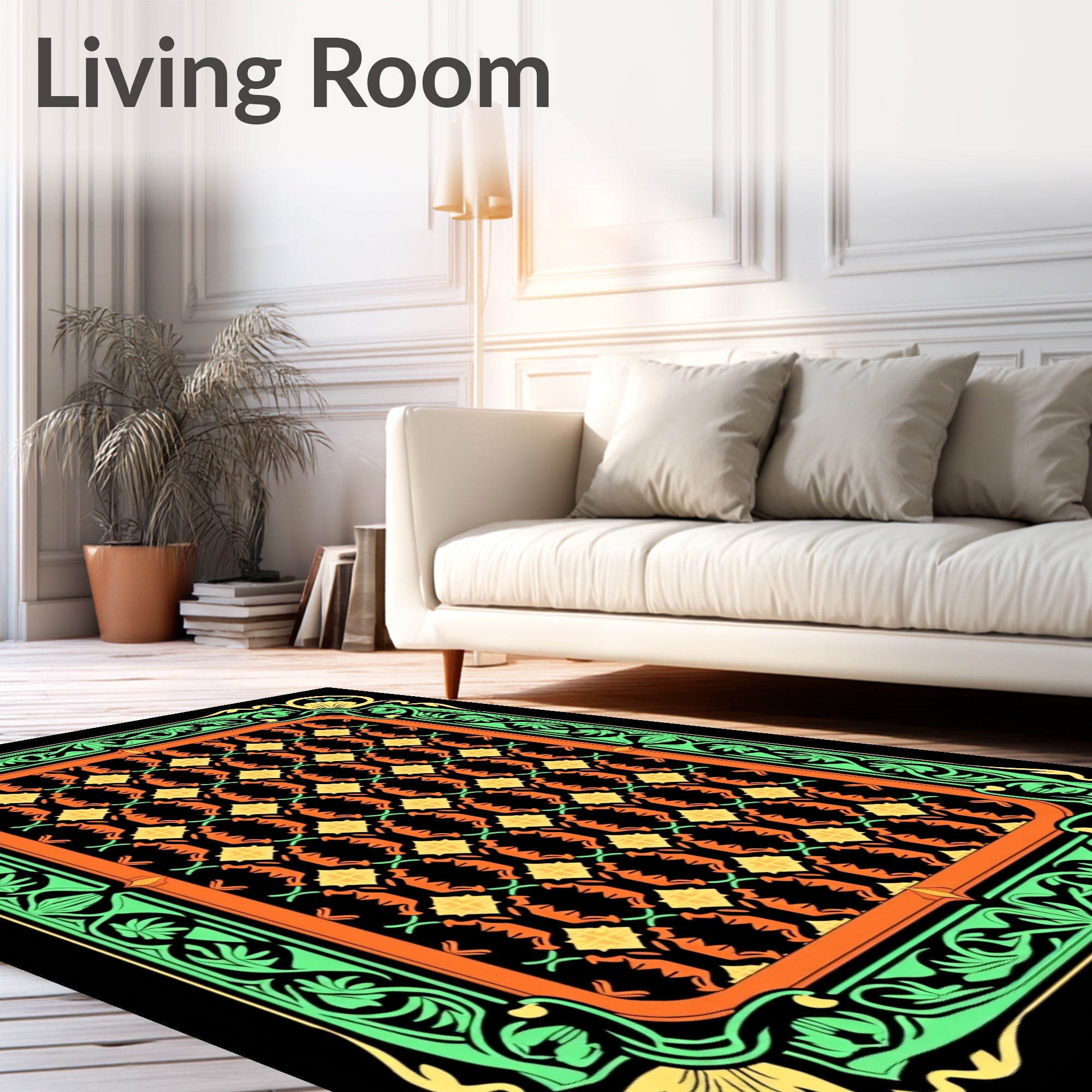 Vibrant Green Orange Floral Lattice Rug