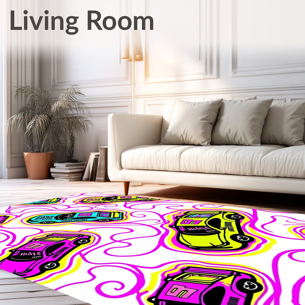 Retro Neon Cars Swirl Background Rug