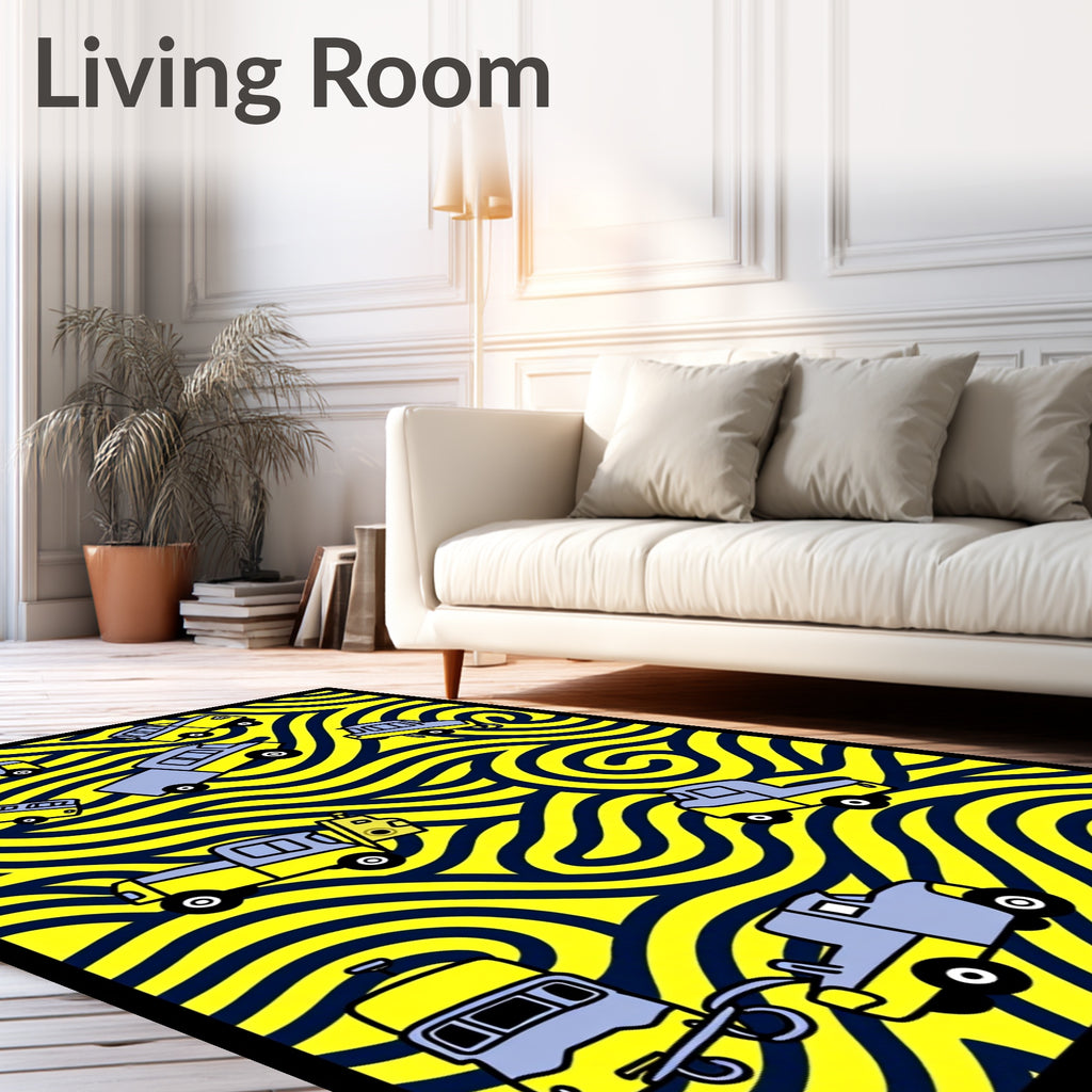 Yellow Blue Vehicles Wavy Background Rug