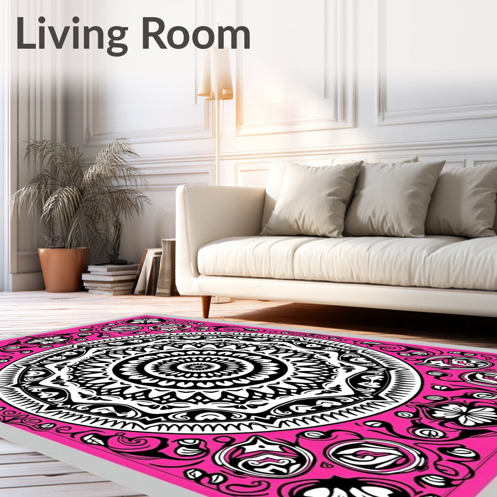 Vibrant Pink Black Mandala Bloom Rug