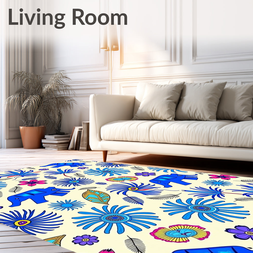 Vibrant Blue Elephant Floral Cream Rug