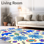 Vibrant Blue Elephant Floral Cream Rug