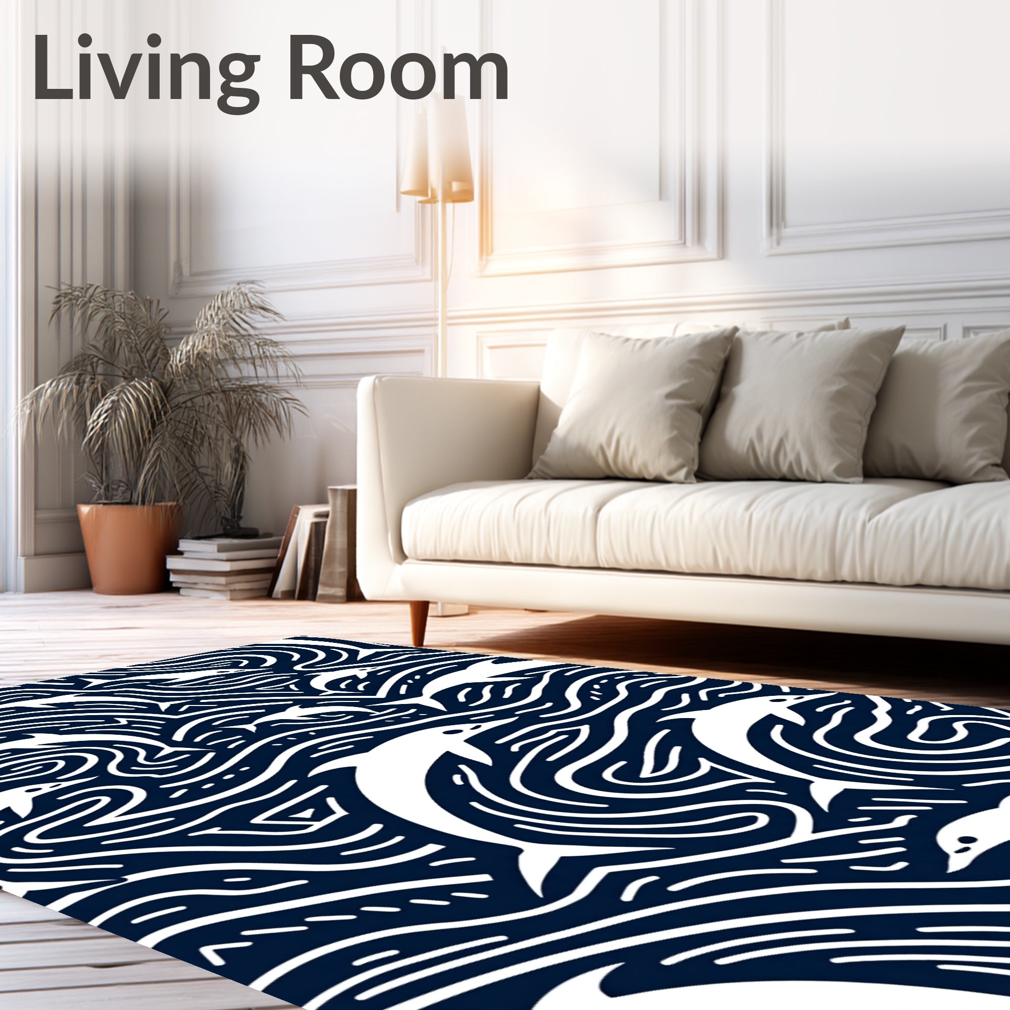 Playful White Dolphins Navy Swirls Rug