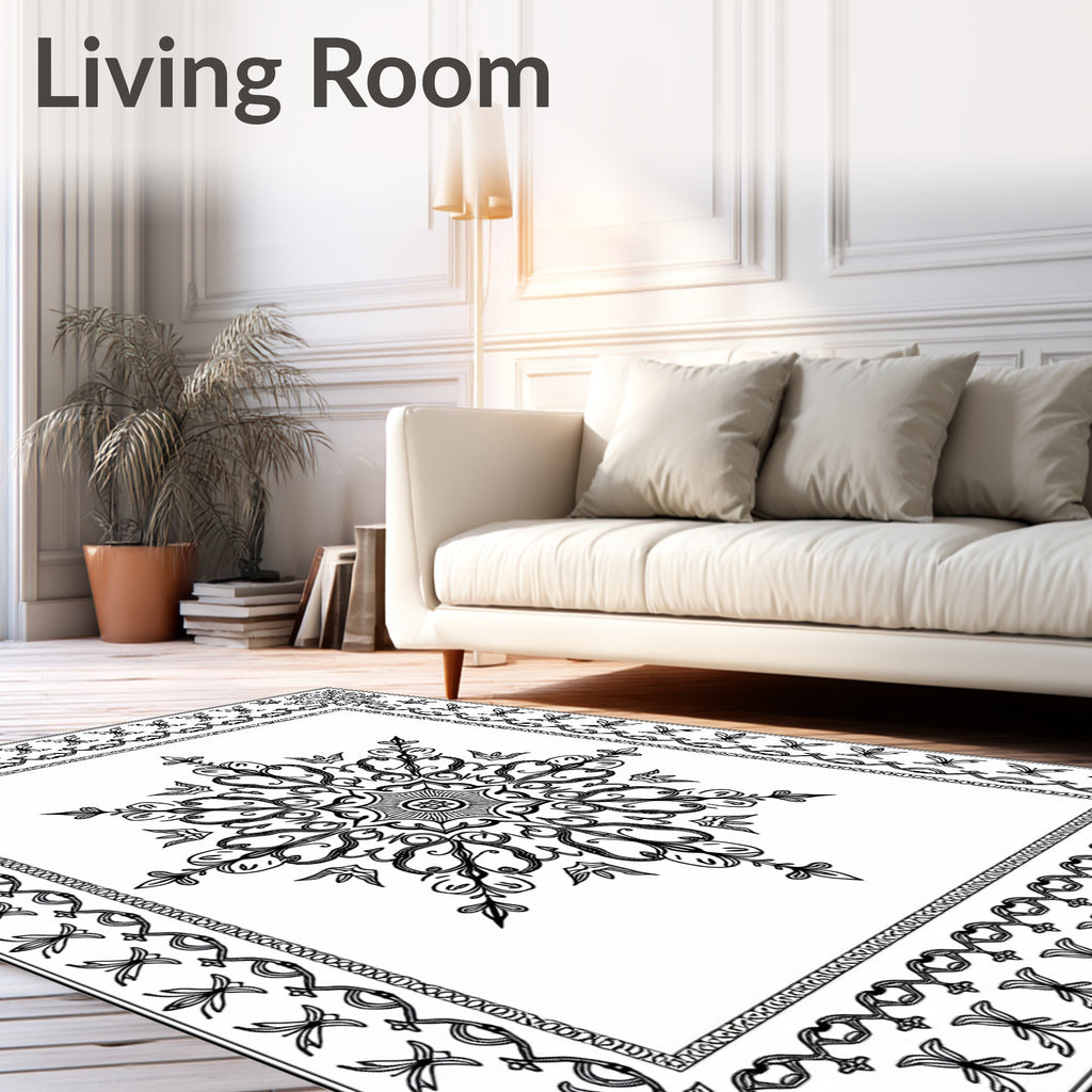 Black White Scrollwork Mandalla Frame Rug