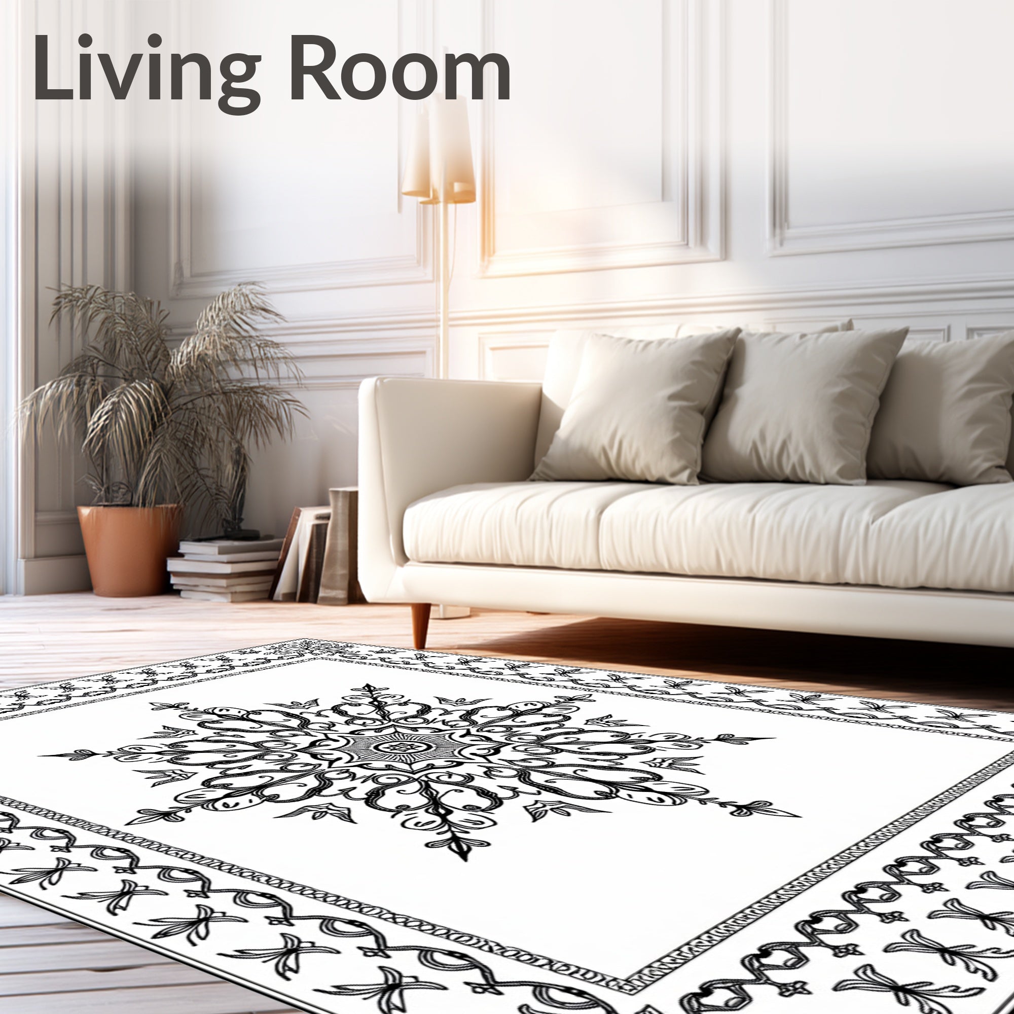 Black White Scrollwork Mandalla Frame Rug