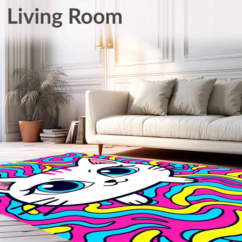 Playful White Cat Blue Eyes Trippy Swirls Rug