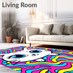Playful White Cat Blue Eyes Trippy Swirls Rug