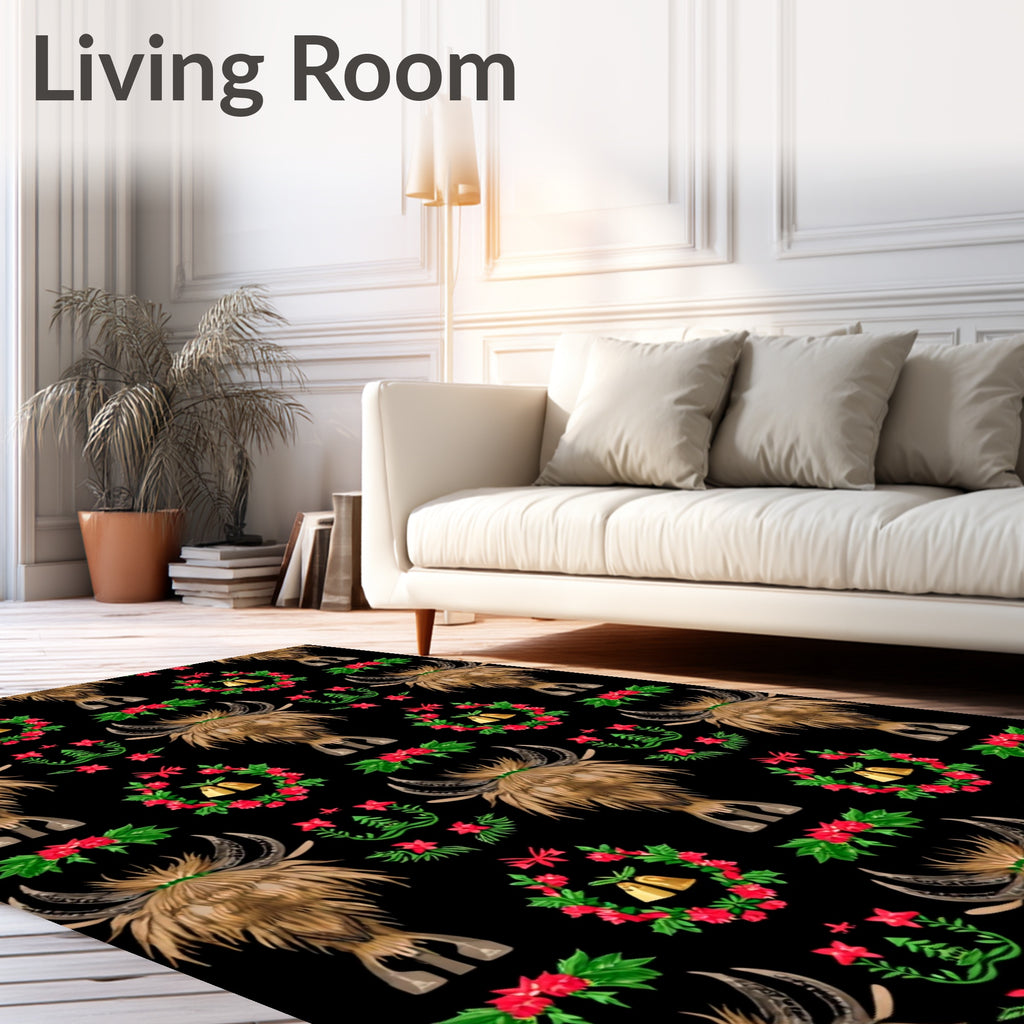 Highland Cow Christmas Wreath Bells Rug
