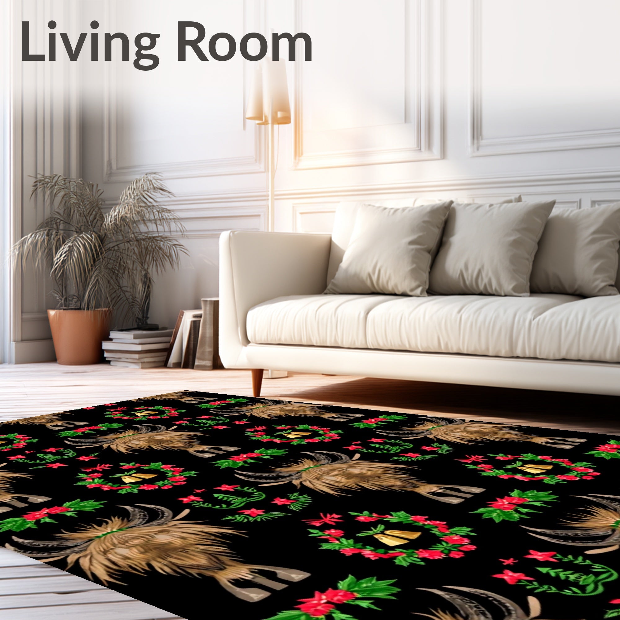 Highland Cow Christmas Wreath Bells Rug