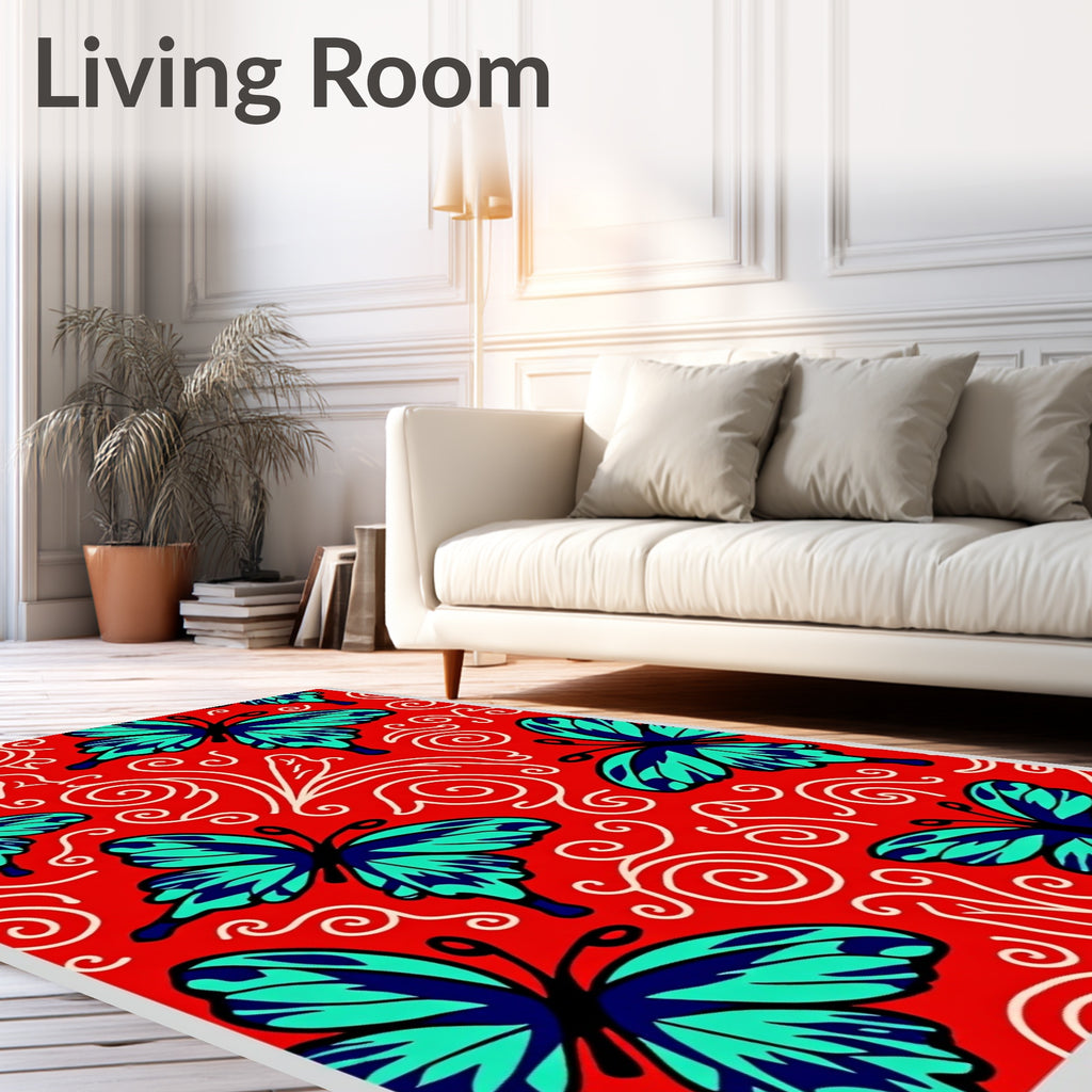 Teal Blue Butterfly Red Swirl Accent Rug