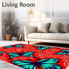 Teal Blue Butterfly Red Swirl Accent Rug