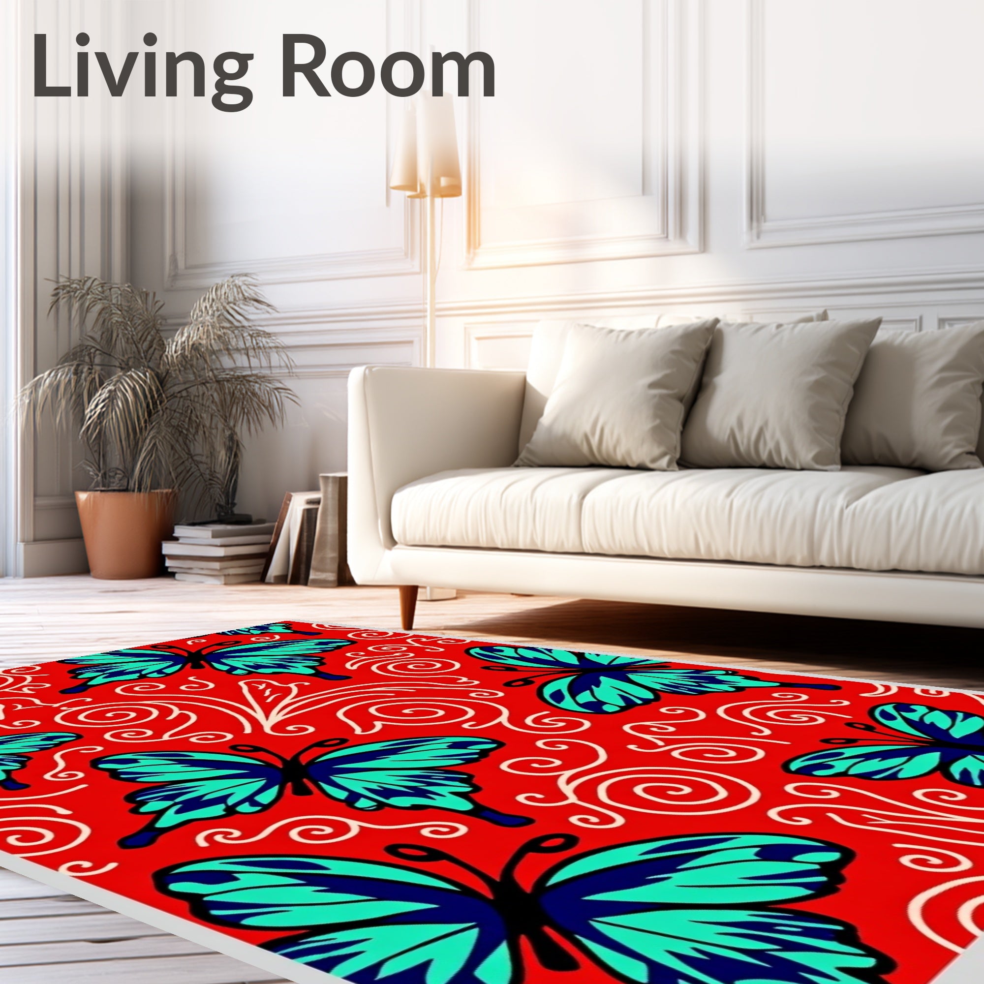 Teal Blue Butterfly Red Swirl Accent Rug