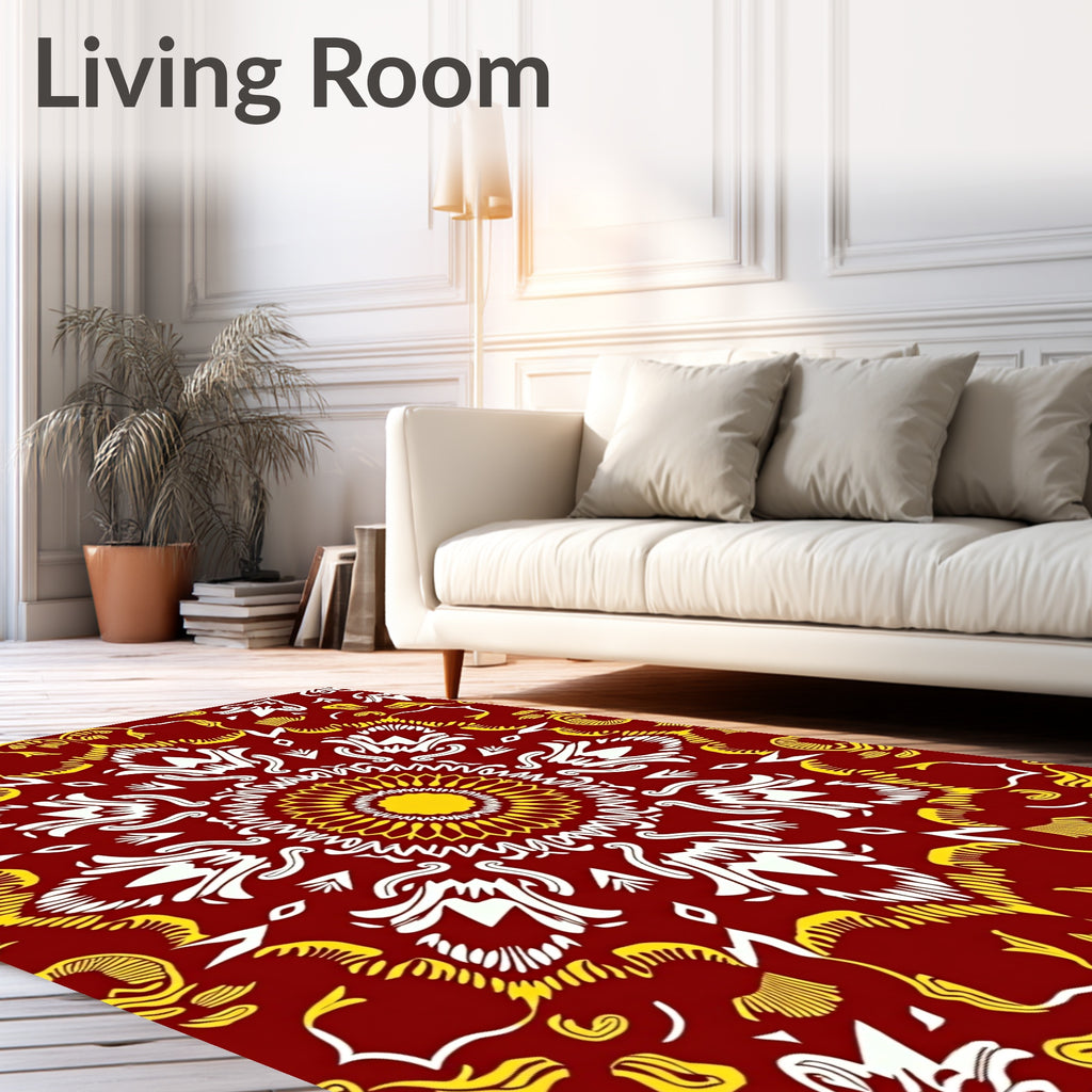 Deep Crimson Yellow Floral Mandala Rug