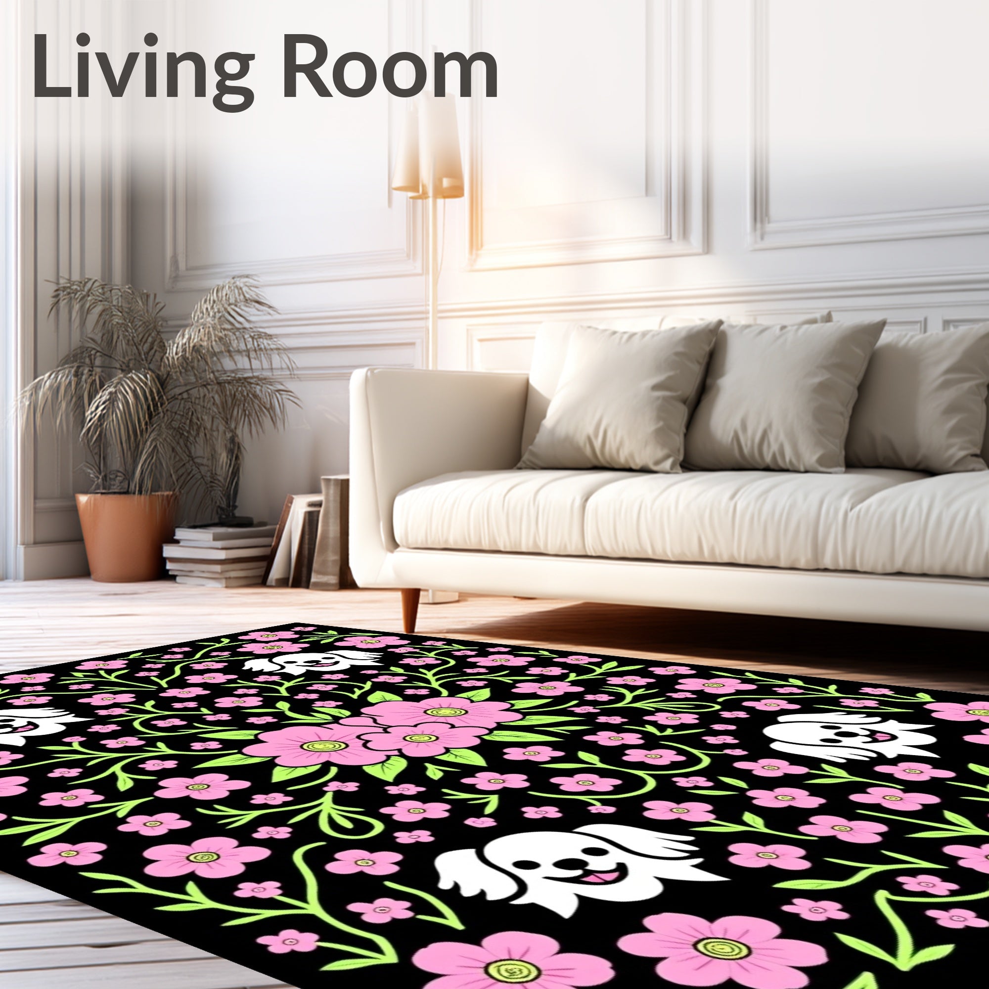 Playful Pink Floral Dog Scene Rug