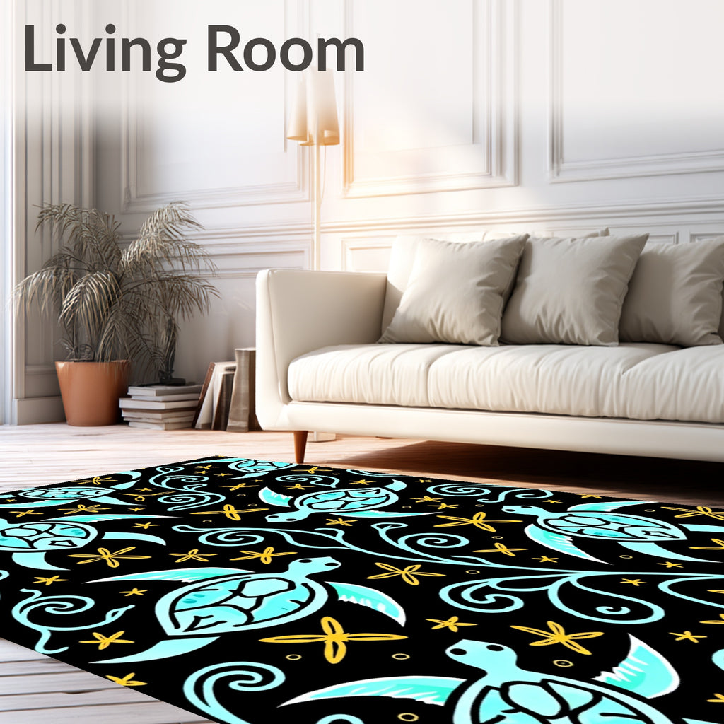 Whimsical Teal Sea Turtle Floral Swirls Rug