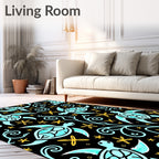 Whimsical Teal Sea Turtle Floral Swirls Rug