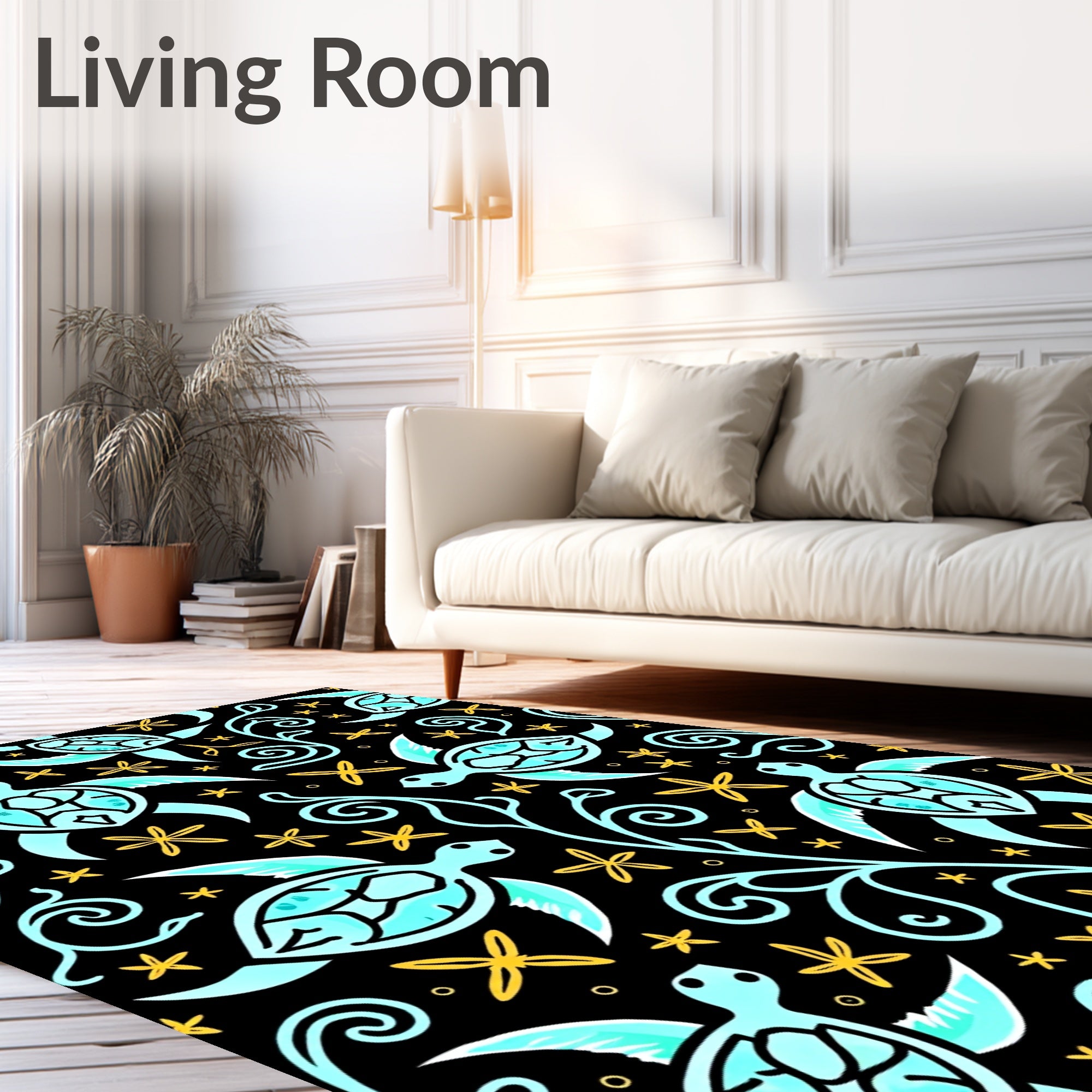 Whimsical Teal Sea Turtle Floral Swirls Rug