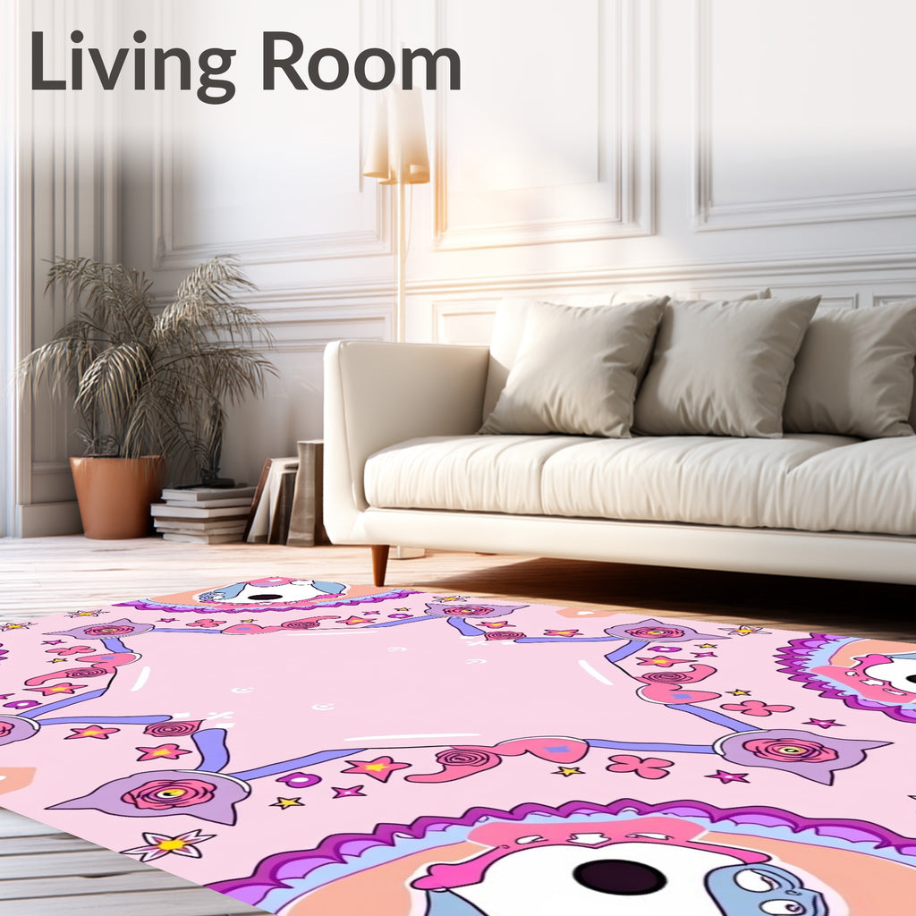 Whimsical Pink Cartoon Creature Mandala Rug