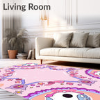 Whimsical Pink Cartoon Creature Mandala Rug