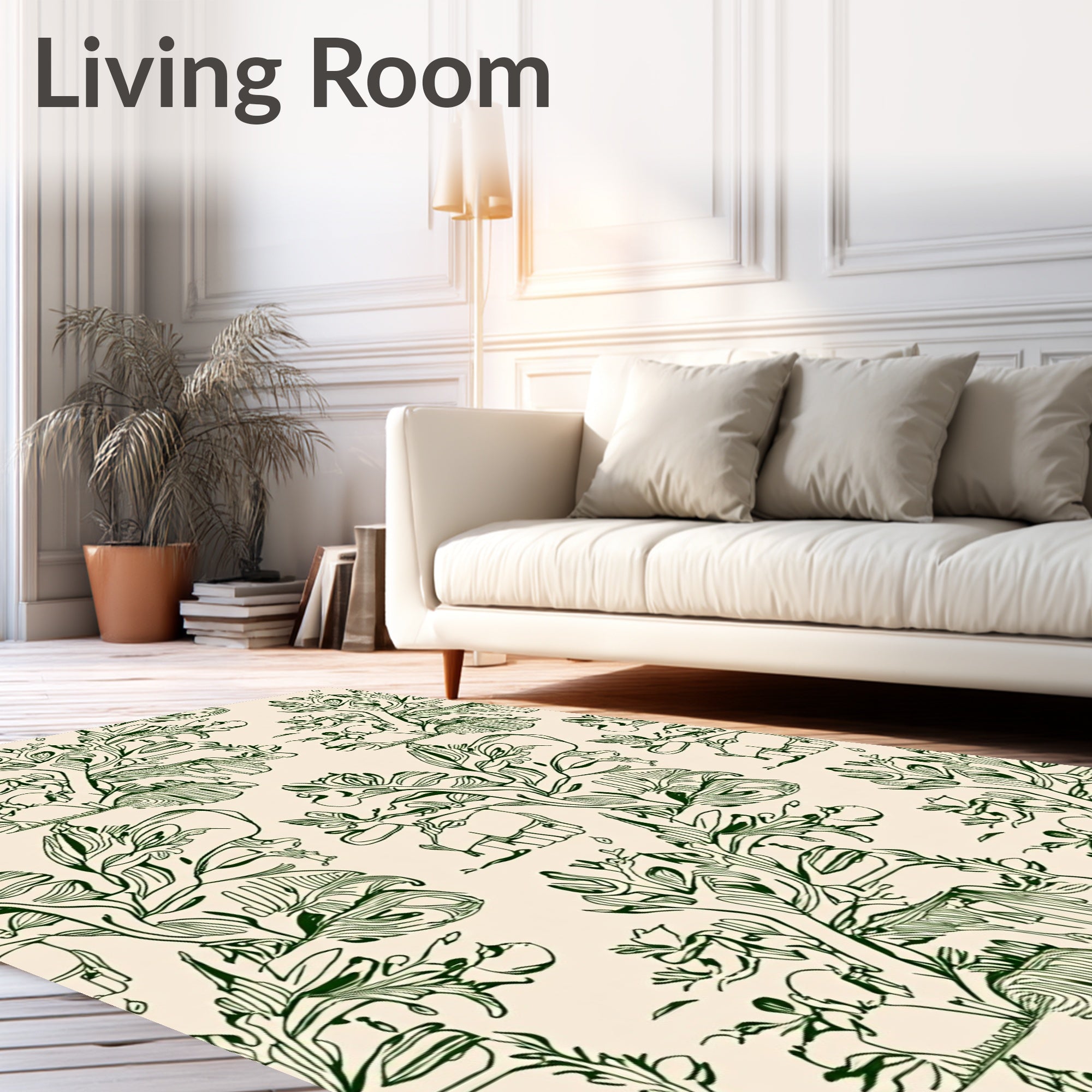 Whimsical Green Elephant Jungle Sketch Rug