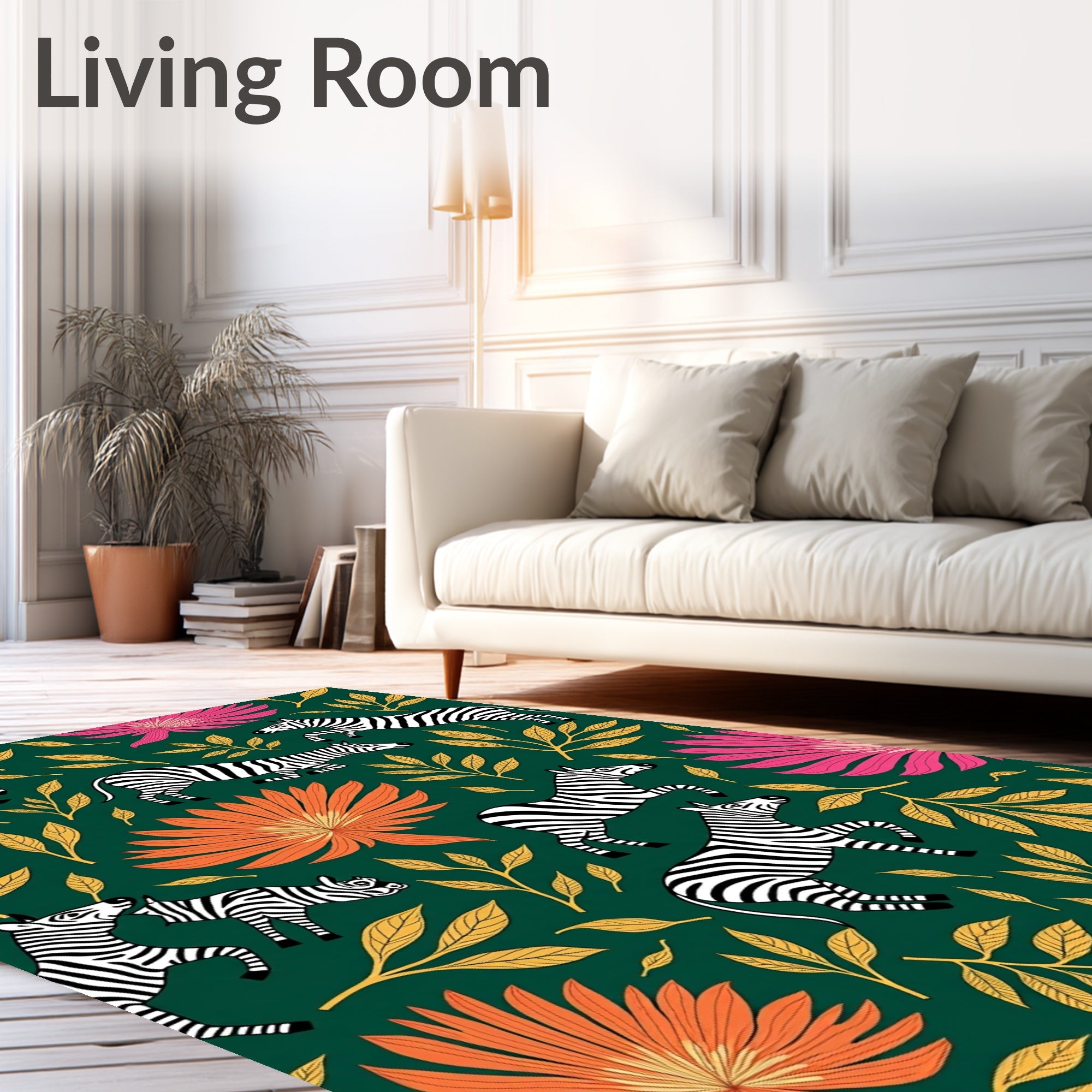 Emerald Green Zebra Floral Garden Jungle Rug