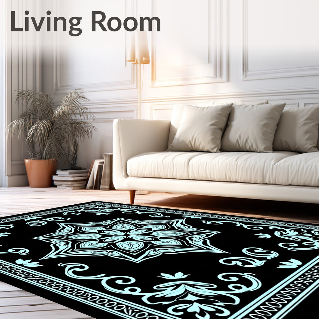 Light Blue Floral Medallion Black Rug