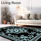 Light Blue Floral Medallion Black Rug