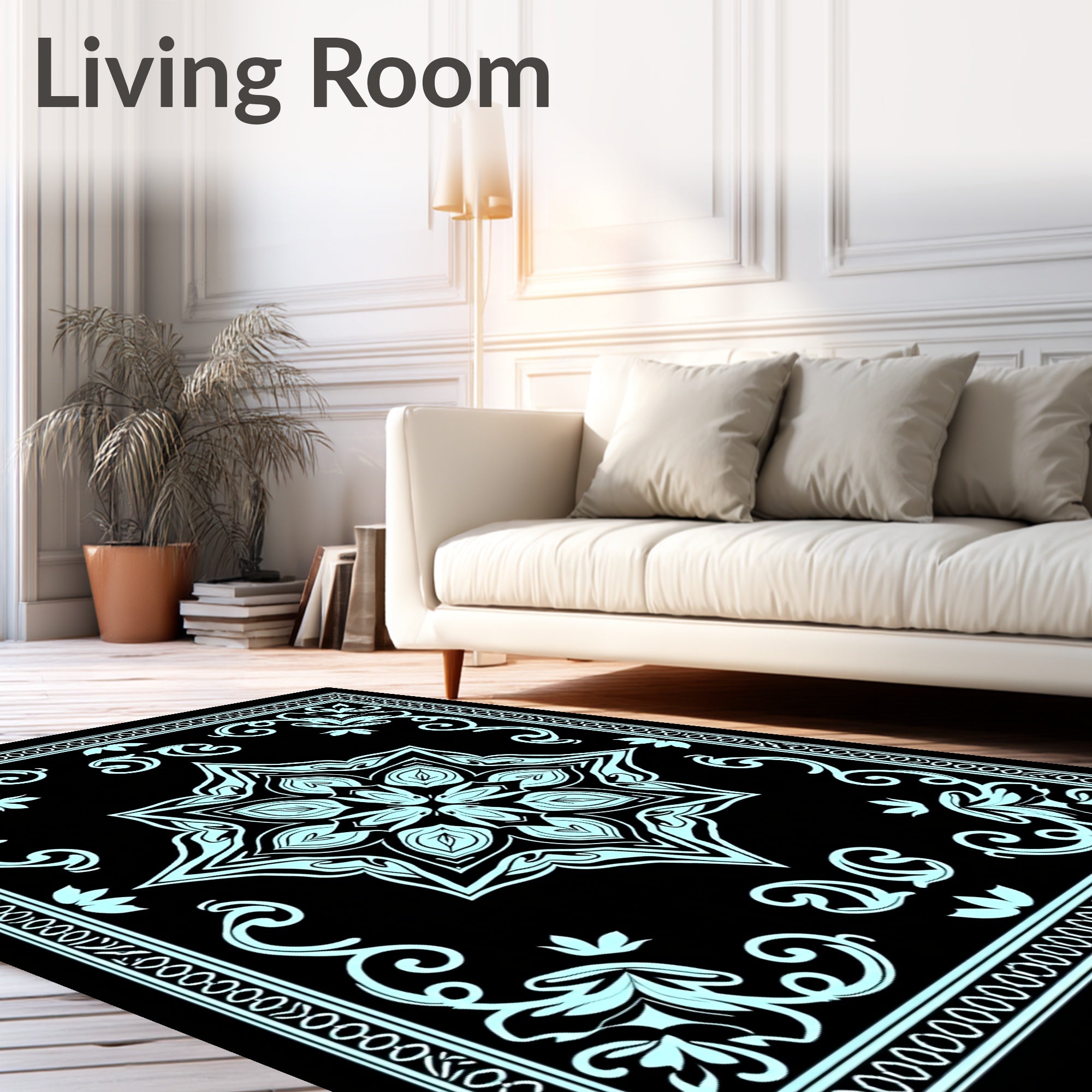 Light Blue Floral Medallion Black Rug