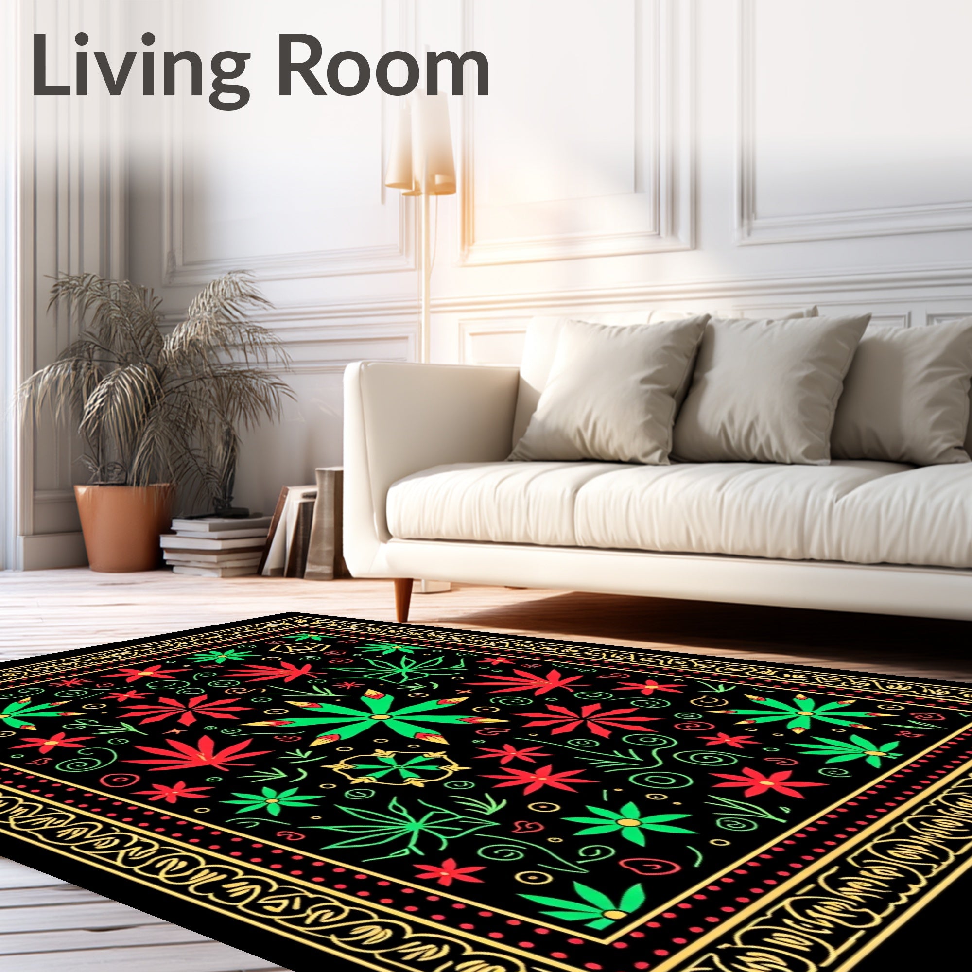Vibrant Red Green Floral Border Rug