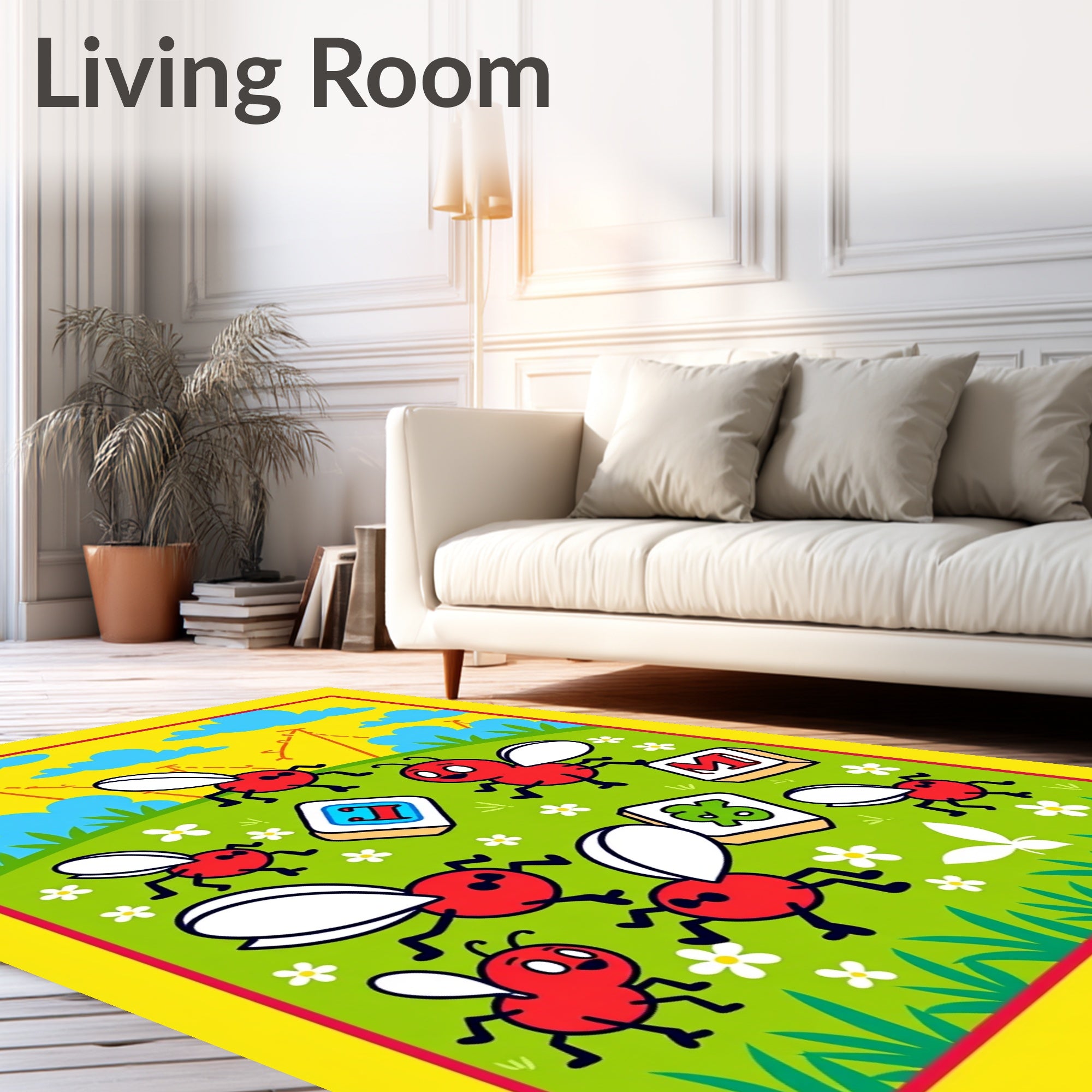 Whimsical Red Bugs Playful Green Field Rug
