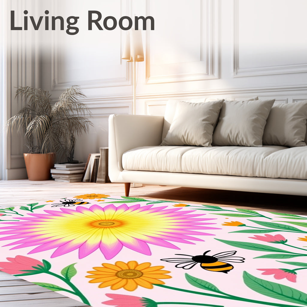 Pink Yellow Floral Garden Bee Whimsical Rug