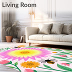 Pink Yellow Floral Garden Bee Whimsical Rug