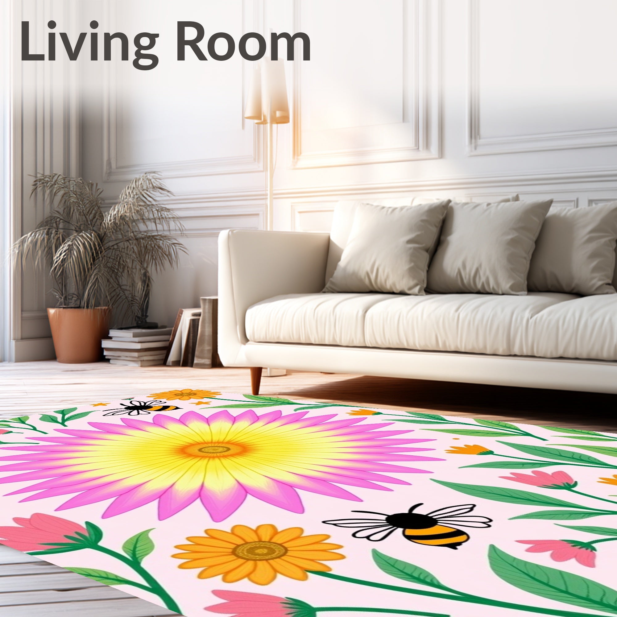 Pink Yellow Floral Garden Bee Whimsical Rug