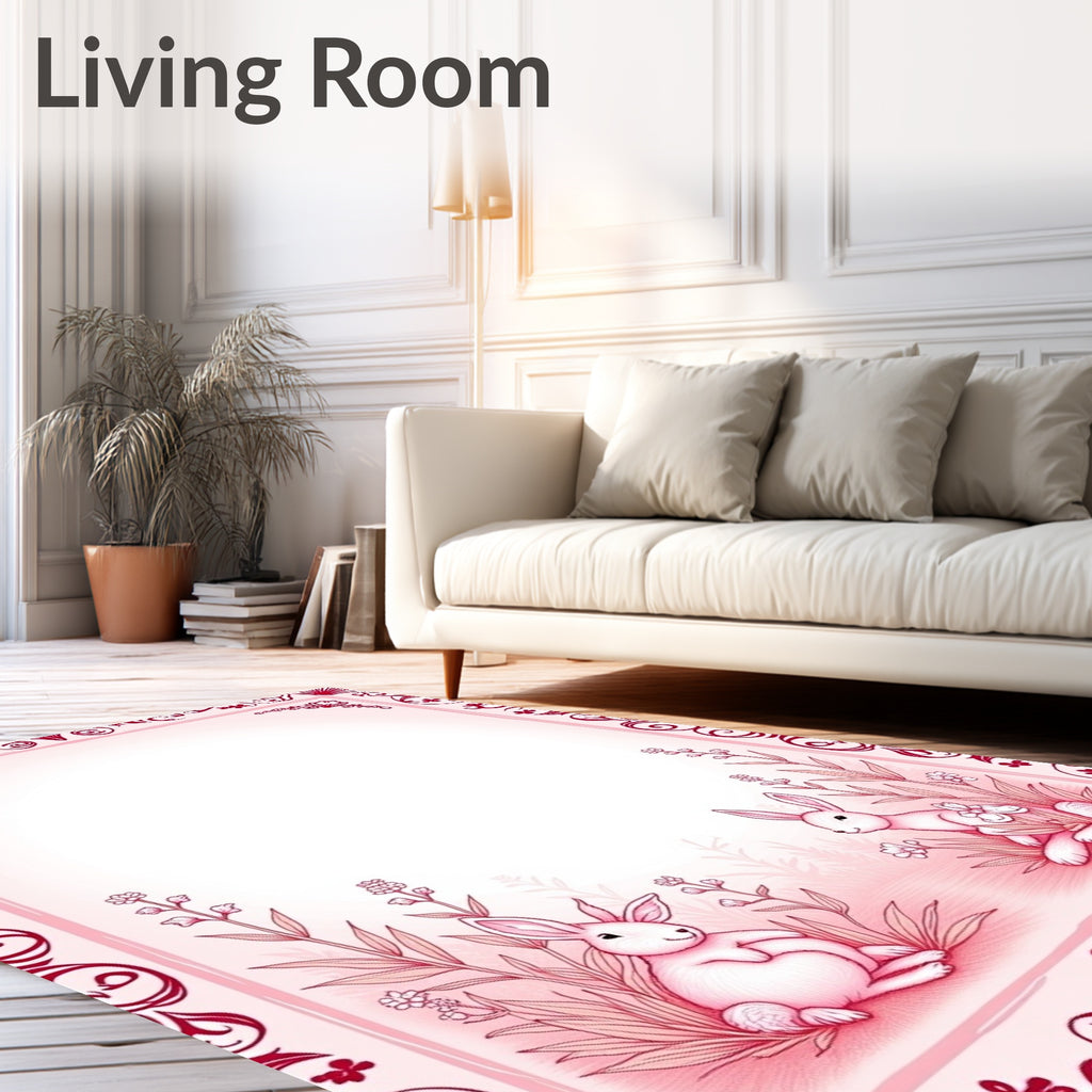 Whimsical Pink Bunny Meadow Scene Rug