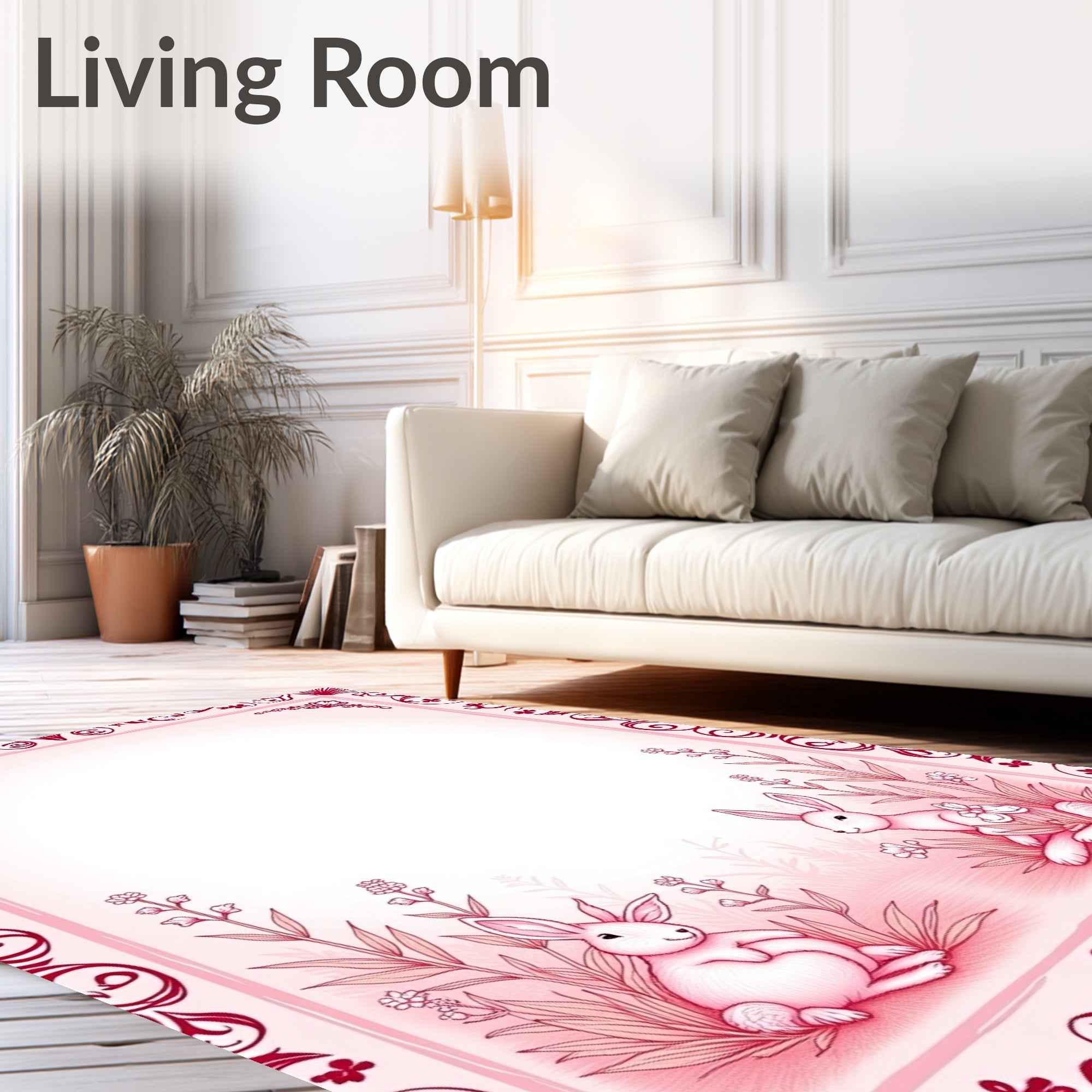 Whimsical Pink Bunny Meadow Scene Rug