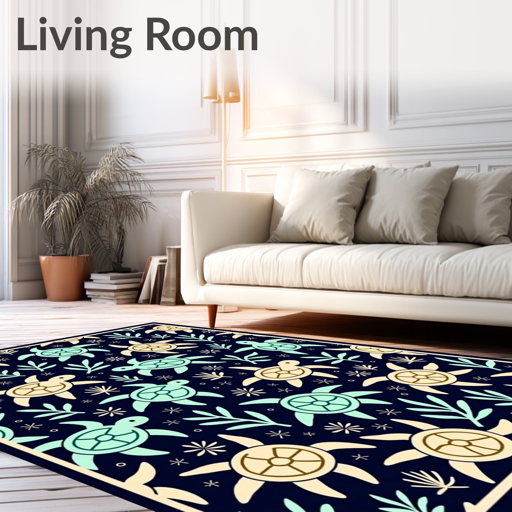 Sea Turtle Navy Cream Aqua Foliage Rug