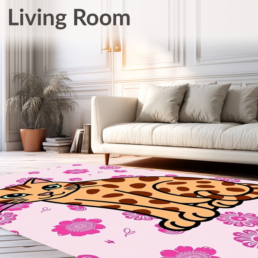 Cute Orange Spotted Cat Pink Floral Rug