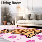 Cute Orange Spotted Cat Pink Floral Rug