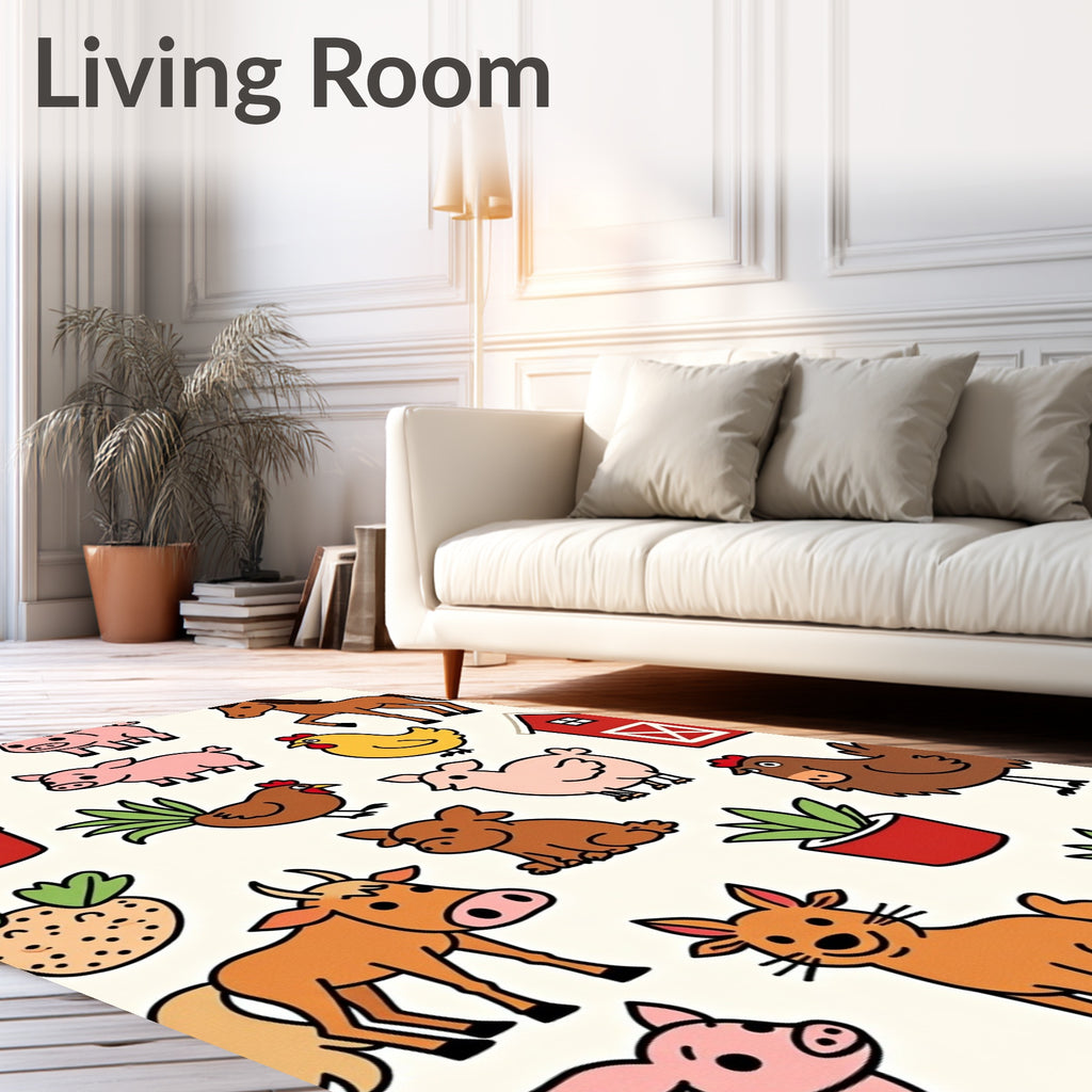 Whimsical Farm Animals and Red Barn Rug