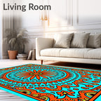 Vivid Orange Sun Mandala Turquoise Rug