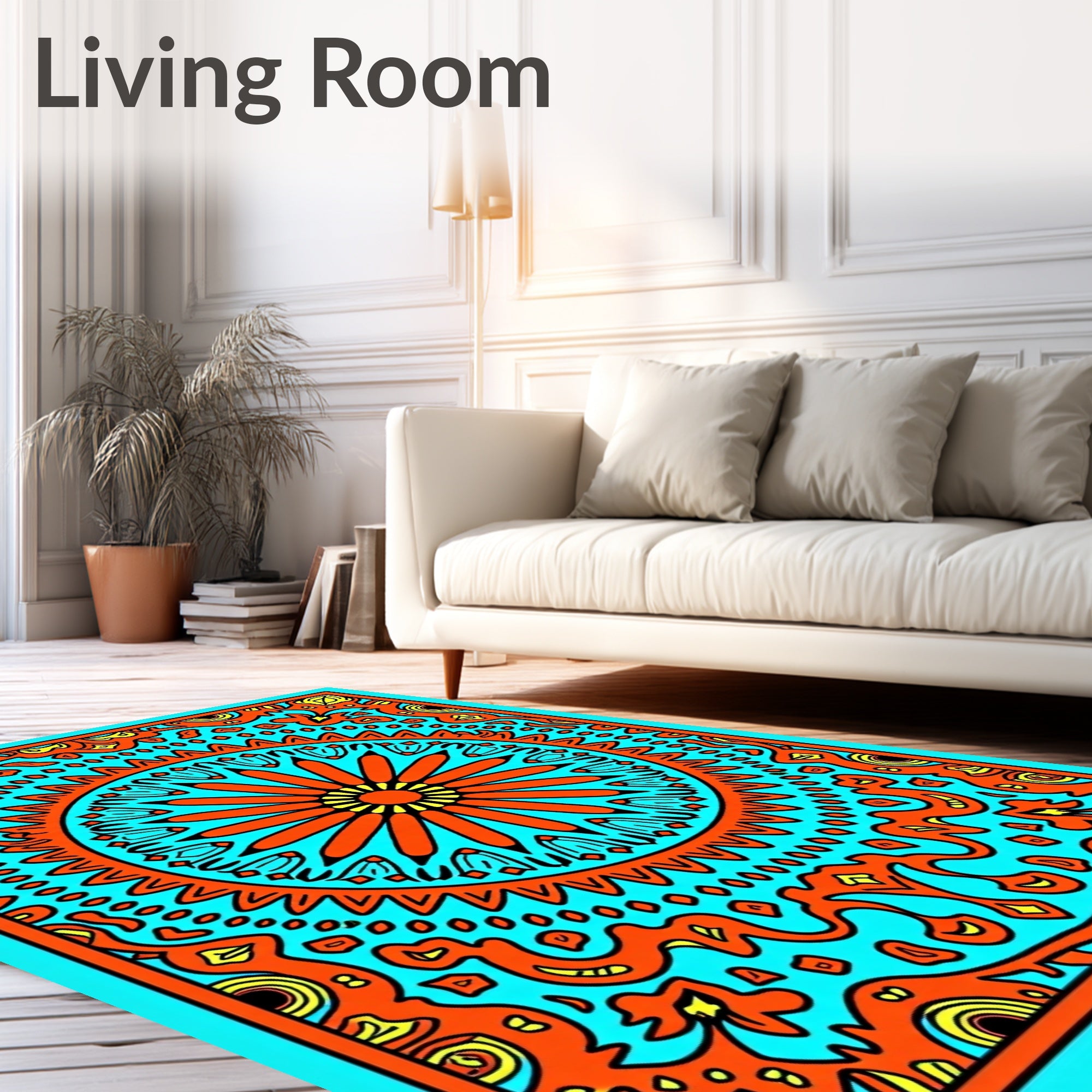 Vivid Orange Sun Mandala Turquoise Rug