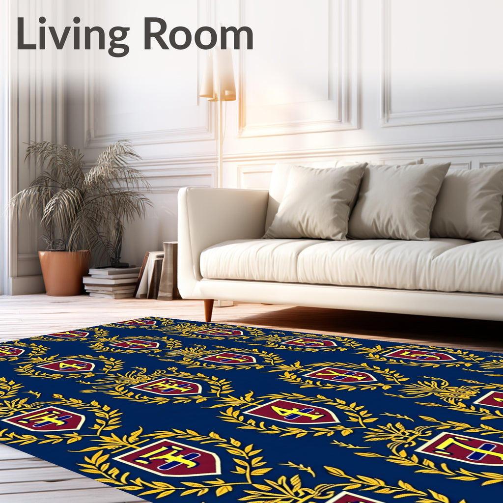 Navy Blue and Gold Crest Motif Rug