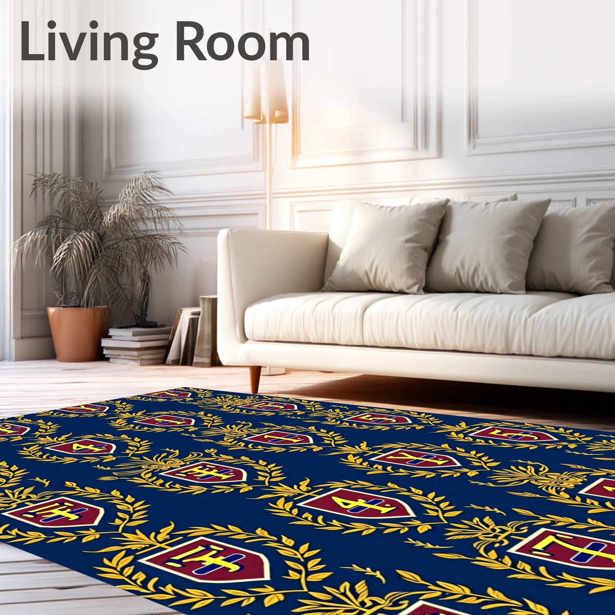 Navy Blue and Gold Crest Motif Rug