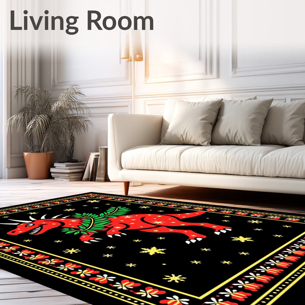 Whimsical Red Dinosaur Garland Border Rug